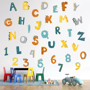 Colorful dinosaur themed alphabet and number wall stickers for kids nursery bedroom decor
