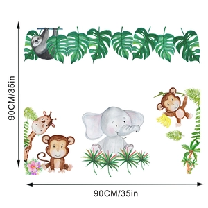 Watercolor jungle animal wall stickers showing elephant and giraffe 90x90cm layout