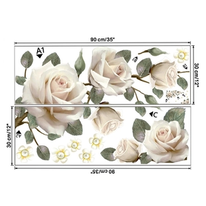 Detailed sheet showing white rose wall stickers with green leaves and sizes 30x90cm
