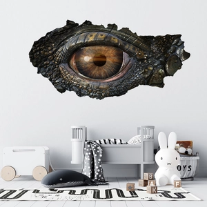 Close-up of realistic 3D dinosaur eye wall sticker with detailed scales in a kids bedroom