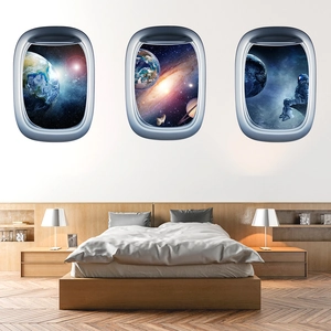 Three 3D airplane window wall stickers showing space scenery, earth and nebula views