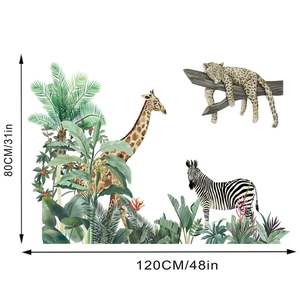 Jungle animal wall decals set with giraffe, zebra and leopard amongst tropical plants