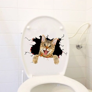 3D tabby cat sticker popping out from toilet lid with realistic cracked wall effect