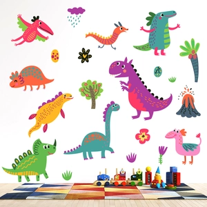 Cartoon dinosaur wall decals with volcanoes and eggs for children's bedroom decor
