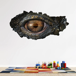 Detail showing the 3D broken wall effect of a realistic dragon eye wall sticker decal