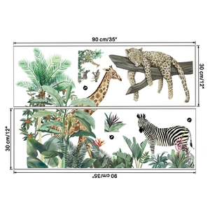 Detailed view of safari animal wall stickers featuring giraffe and zebra with dimensions