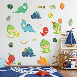 Nursery wall scene with cartoon dinosaurs, balloons and festive egg stickers