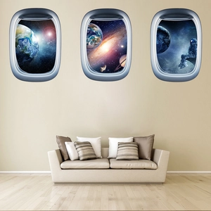 Three-piece 3D spaceship window wall stickers showing Earth and astronaut views