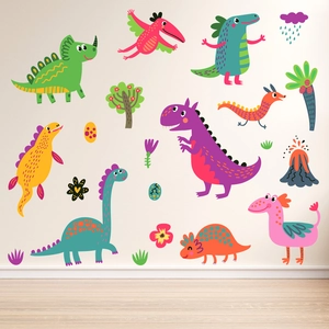 Vibrant cartoon dinosaur wall stickers with volcano and trees on a white nursery wall