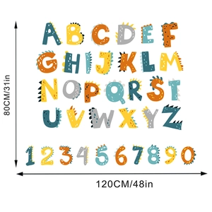 Detailed view of colorful dinosaur themed alphabet and number wall stickers for kids