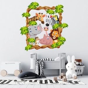 Cartoon animal wall stickers featuring giraffe, lion and hippo in frame designs for kids room