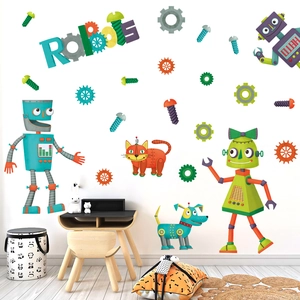 Adesivi murali con robot e animali spaziali con ingranaggi per camera bimbi