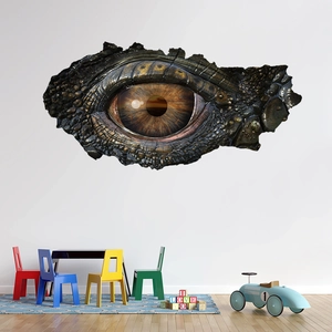 Detailed 3D wall sticker featuring a realistic dinosaur eye bursting through a broken wall
