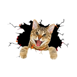 Detailed 3D cat wall sticker showing a realistic tabby cat breaking through a white wall