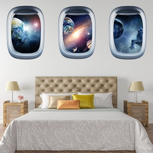 3D space window wall decals featuring astronaut and Earth view in a bedroom setting