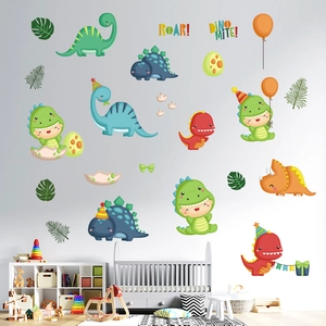 Detailed view of colorful cartoon dinosaur and balloon wall stickers in a cozy nursery setup