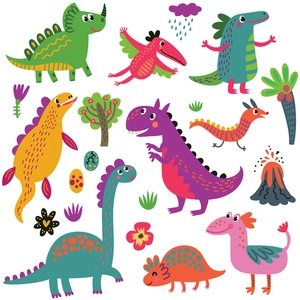 Cartoon dinosaur egg forest wall stickers set featuring colorful T-Rex for kids rooms