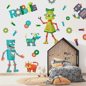 Dettaglio di adesivi murali con robot e ingranaggi in una cameretta per bambini accogliente