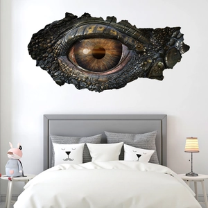 3D realistic dinosaur eye wall sticker with green scales on a bedroom white wall