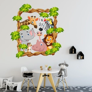 Cute cartoon forest animal wall stickers with giraffe and elephant for kids room decor