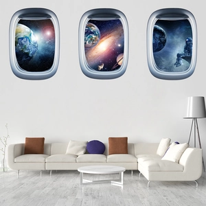 Three-piece 3D airplane window wall decals featuring space, Earth and astronaut views