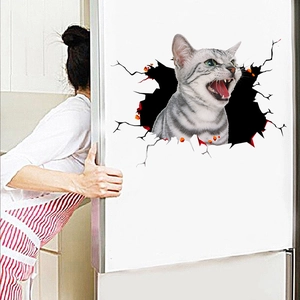 3D cat wall sticker with grey tabby cat breaking through a white refrigerator surface