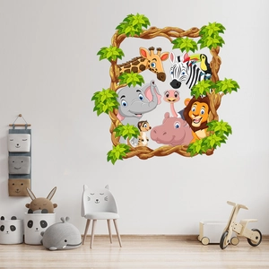 Detail of cartoon forest animal wall stickers featuring a giraffe and elephant in a kid room