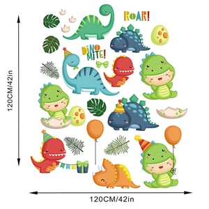 Detail of cartoon dinosaur wall stickers set showing size specifications for kids room