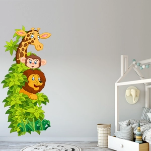 Cartoon animal wall stickers featuring a giraffe, lion and monkey in a nursery setting