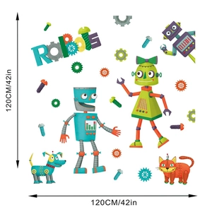 Dettaglio adesivi murali con robot colorati, animali meccanici e ingranaggi con dimensioni