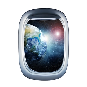 Detailed 3D aircraft window wall sticker featuring Earth and galaxy view from space