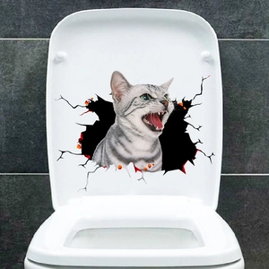 Detailed 3D wall sticker of a grey tabby cat bursting through a toilet lid cover