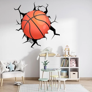 3D basketball wall sticker with cracked wall effect for kids room and bedroom decor
