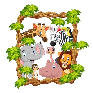 Cartoon jungle animals wall sticker with giraffe, elephant, lion for nursery room decoration