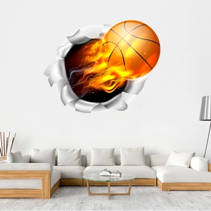Adesivo murale 3D dettagliato con basket infuocato che esplode da una parete crepata