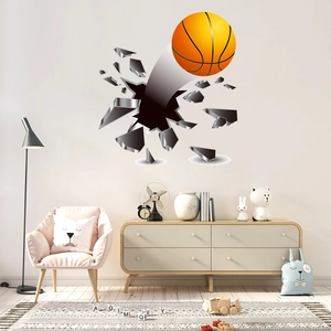 3D basketball wall decal with realistic cracked wall effect for children's bedroom decor