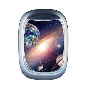 3D airplane window wall decal featuring a realistic galaxy, Earth, and Saturn space view