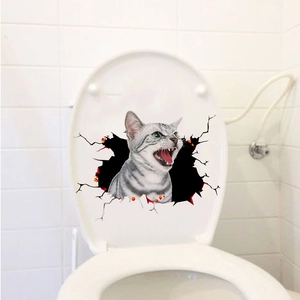 Detailed 3D grey tabby cat wall sticker with crack effect on white toilet cover