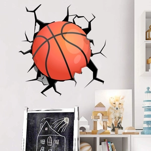 Detailed view of 3D basketball wall decal with realistic cracked wall effect in kids room