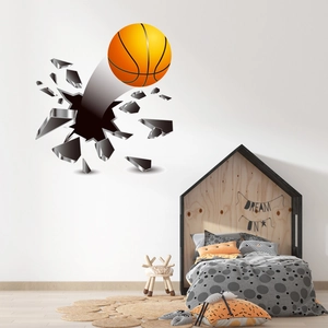 3D basketball wall sticker breaking through a white wall in a modern kid's bedroom