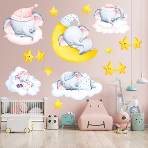 Watercolor sleeping elephant stars and moon wall stickers for nursery and kids bedroom
