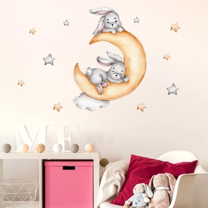 Cartoon moon and bunny wall stickers with stars for nursery and kids bedroom decor