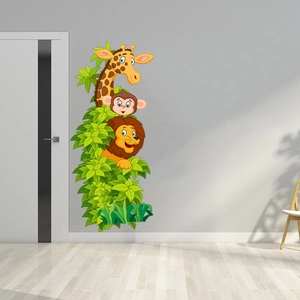Cartoon forest animals wall stickers with giraffe, lion and monkey for kids' room decoration