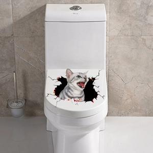 Detailed 3D cat wall sticker showing a grey striped cat peeping from a broken wall hole
