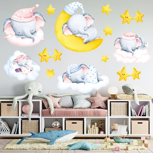 Cartoon elephant sleeping on moon wall stickers with stars for kids nursery room decor