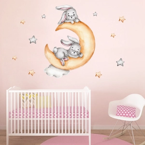 Watercolor bunny rabbits on moon and stars wall decals for nursery and kids' room decoration