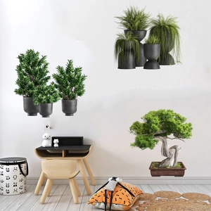 Realistic potted pine and fern wall stickers for living room and bedroom decor