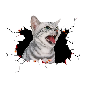 3D wall sticker featuring a realistic tabby cat roaring through a wall crack design