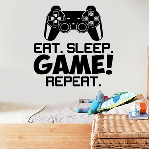 Minimalist black vinyl wall decal with game controller and Eat Sleep Game slogan for bedroom