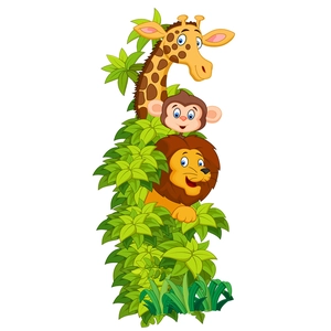 Forest cartoon wall decals with giraffe, monkey, and lion for nursery decor